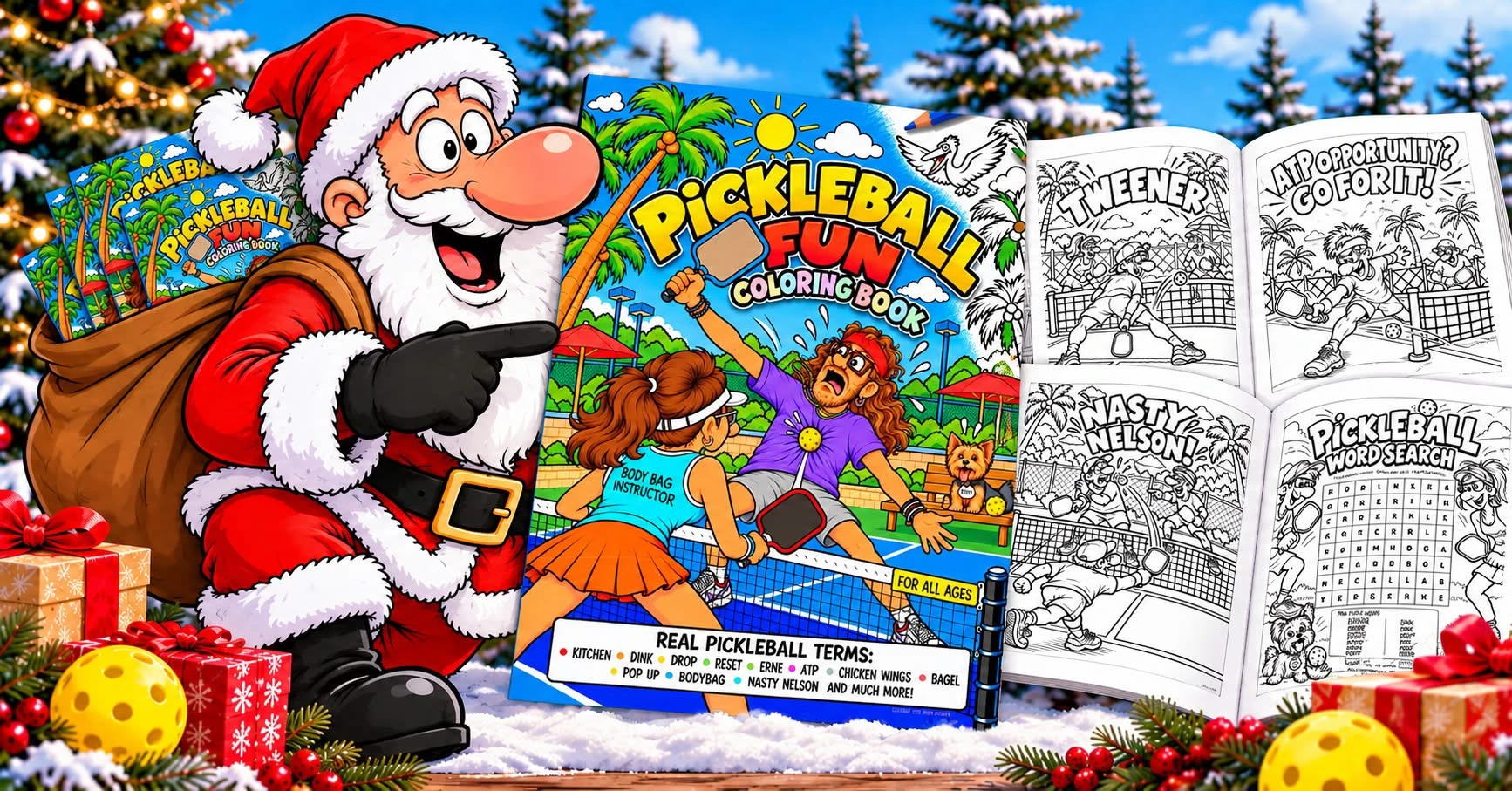 Santa presents the Pickleball Fun coloring book for all ages