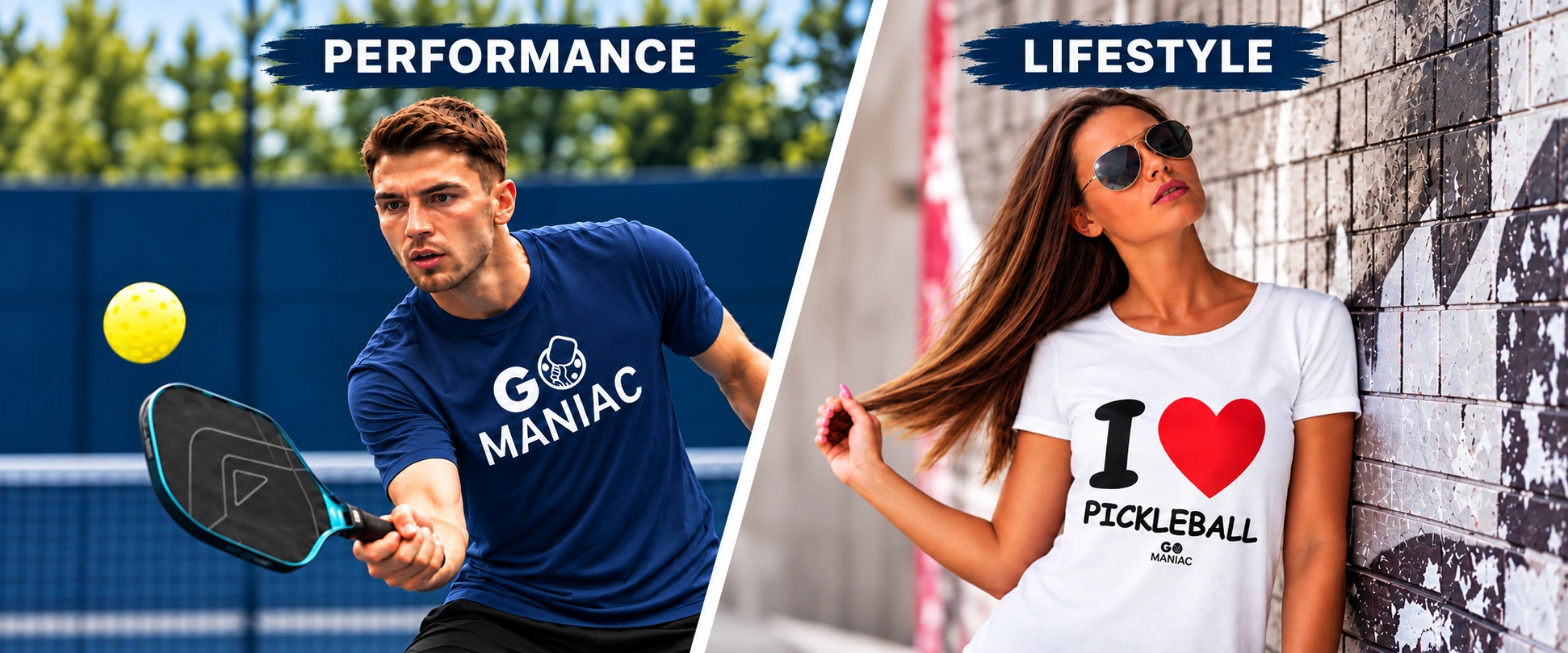 Go Maniac performance shirt on a pickleball player and I Love Pickleball lifestyle shirt