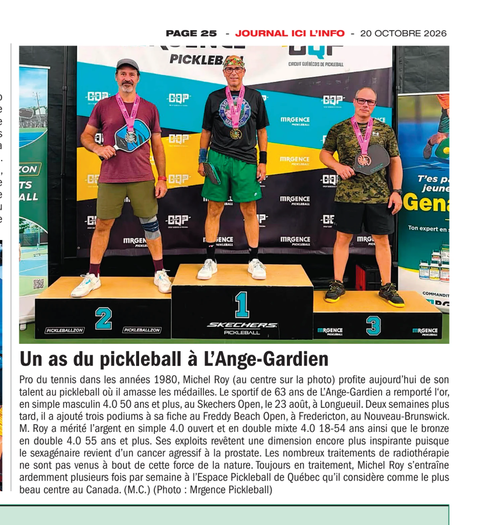 Michel Roy sur le podium, article du Journal Ici L'Info du 20 octobre 2026