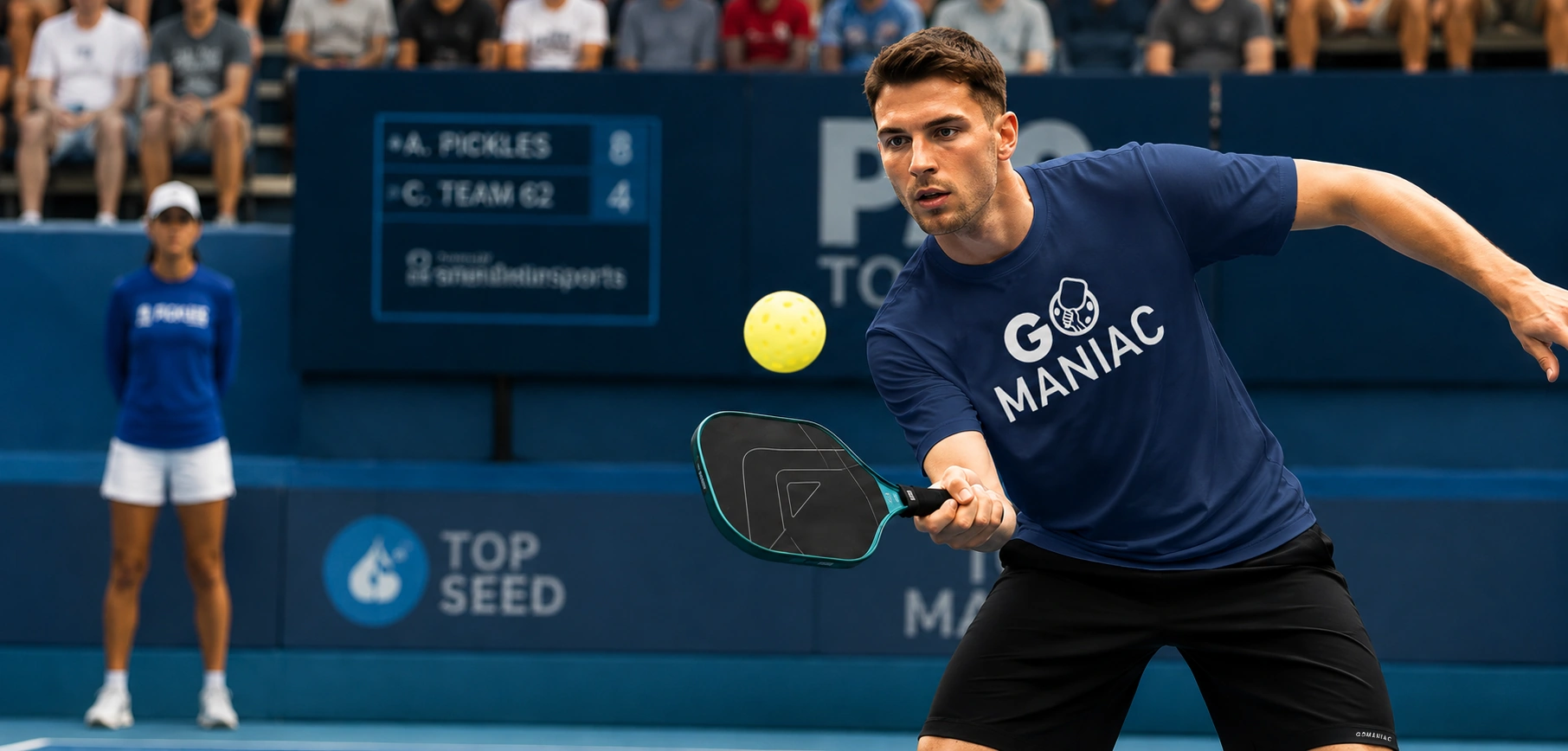 Joueur de pickleball en action portant le chandail Go Maniac bleu