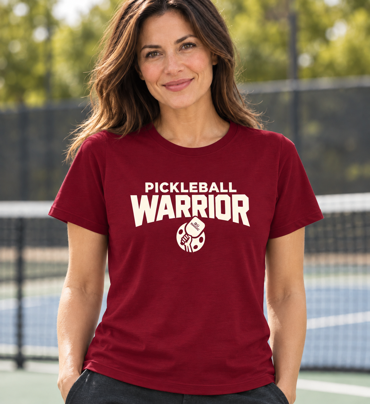 Pickleball Warrior — cream design on a wine-red regular-fit T-shirt